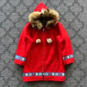 Vintage Kerr's Furs Jacket Womens Large‎ Red Wool Fur Trim Eskimo Parka 1960s